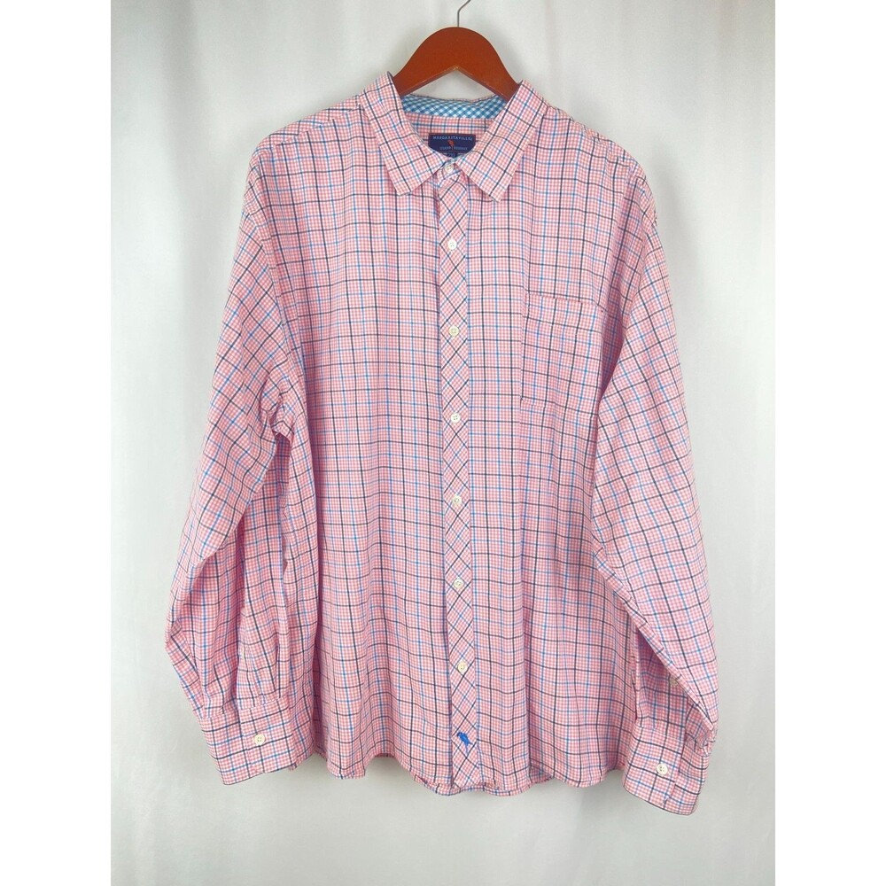 Margaritaville Island Reserve Pompano Mens 2XL Pink Blue Plaid Button Down Shirt